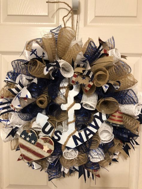 I made this for my friend whose son is in the Navy Navy Wreath Military, Navy Decorations, Navy Wreath, Army Wreath, Navy Crafts, Diy Door Decor, Ribbon Wreath Diy, Military Crafts, Military Wreath