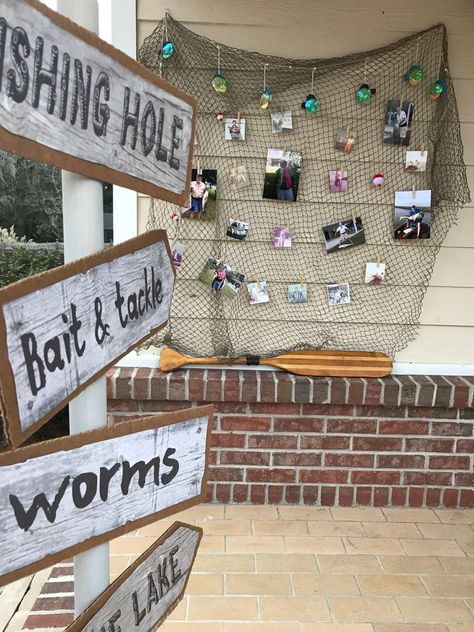 Fisherman Themed Birthday Party, 50th Birthday Party Fishing Theme, Fish Fry Decorations, Rustic Fishing Birthday Party, Fish Fry Party Decorations Ideas, Gone Fishing Decorations, Fisherman Theme Party, Bass Fishing Party Ideas, Fishing Themed Party For Men