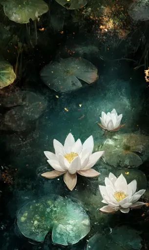 ↑↑↑ Larger size on website 🔸 A serene painting depicting a pond with three white water lilies in bloom.  The lilies are surrounde White Lotus Wallpaper, Lotus Wallpaper, White Lotus, A Pond, Cookware Set, Water Lilies, Lily Pads, In Bloom, Art Images