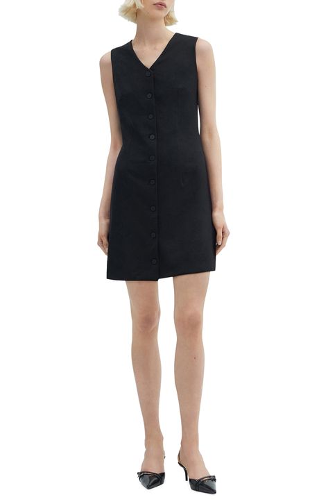 Sharpen up your desk-to-dinner look in this sleeveless minidress fashioned with tonal buttons for smart dimension. Front button closure V-neck Sleeveless Unlined 94% polyester, 6% elastane Machine wash, line dry Imported Mango Dress, Nordstrom Store, Shirtdress, Black Fits, Button Up, Mango, Size 10, Nordstrom, Desk