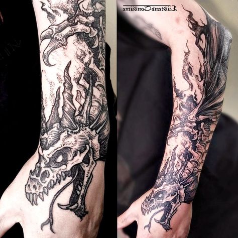 Dragon Skeleton Tattoo, Dragon Tattoo Forearm, Dragon Hand Tattoo, Arm Tattos, Dragon Tattoo Arm, Dragon Skeleton, Dragon Tattoos For Men, Skeleton Tattoo, Dragon Sleeve Tattoos