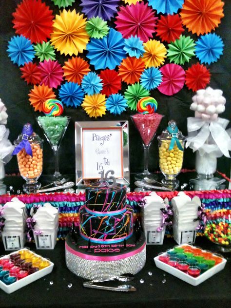 Bright Rainbow 16th Birthday Theme Rainbow Sweet 16 Dress, Sweet 16 Candy Theme Party, Sweet 16 Rainbow Theme, Neon Sweet 16 Party Ideas Outside, Sweet 16 Party Ideas Candy Theme, Rainbow Sweet 16, 16 Birthday Ideas, 16th Birthday Ideas, Birthday Theme Ideas