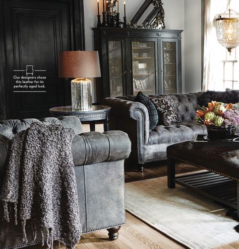 ~ Living a Beautiful Life ~ Dark Gray Leather Couch, Leather Living Room Decor, Living Room Black Couch, Grey Leather Sofa Living Room, Grey Leather Couch, Chesterfield Sofa Living Room, Sofa Kulit, Black Couch, Fancy Living Rooms