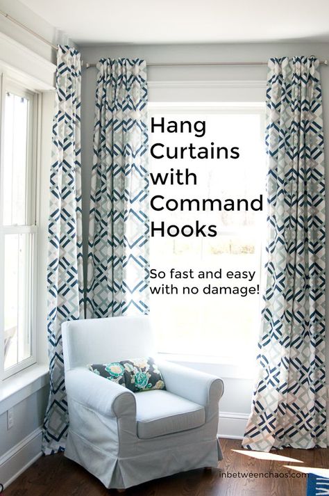 Command hook for curtain rods | inbetweenchaos.com Curtains With Command Hooks, Diy Fretwork, Command Hooks For Curtains, Curtains Without Rods, Renter Hacks, 90s Kitchen, Apartment Curtains, Farmhouse Shutters, Hanging Curtain Rods