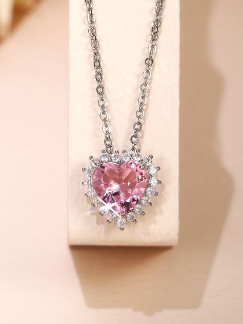 Pink Fashionable   Artificial Zircon  Pendant Necklaces Embellished   Jewelry Pink Acsesuares, Pink Jewelry Aesthetic, Pink Necklace Jewelry, Necklaces Pink, Collar Rosa, Pink Gemstone Necklace, Pink Heart Necklace, Pink Pendant, Embellished Fashion