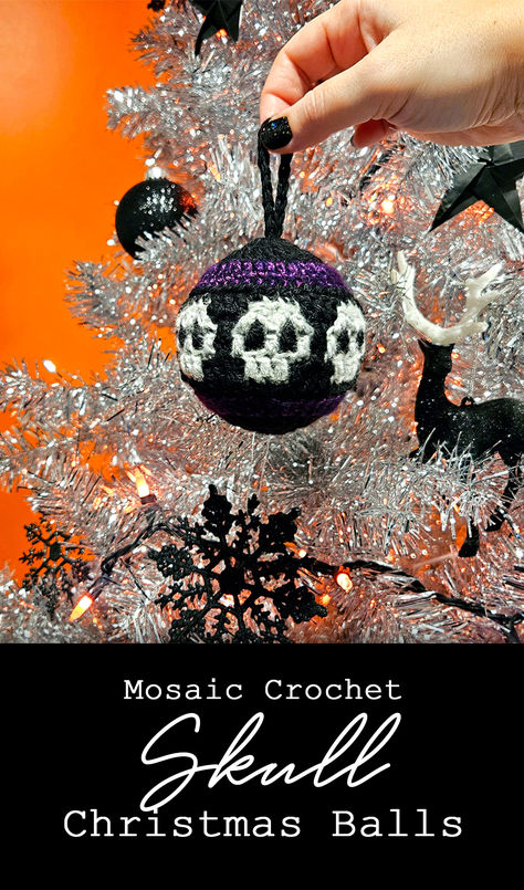 Learn how to make these easy mosaic crochet skull Christmas ball ornaments for your goth or Halloween themed tree! These balls are great for using metallic or sparkly glitter yarn, and you can also stuff them with styrofoam, fiberfill, or anything you have on hand. #mosaiccrochet #skullchristmas #skullcrochet #gothcrochet #gothchristmas #hexmas #gothmas #creepmas #sixeldesign Diy Skull Christmas Ornaments, Diy Goth Ornaments, Halloween Crochet Ornaments, Crochet Halloween Ornaments, Christmas Ornament Crochet Patterns Free, Christmas Ball Crochet, Dark Christmas Tree, Dark Crochet, Goth Crochet