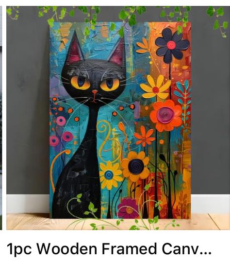 Cat Painting Black, Colorful Cat Painting, Mythical Cat, Canvas Painting Colorful, Cat Abstract, Whimsical Art Paintings, Framed Canvas Painting, Whimsical Style, Colorful Cat