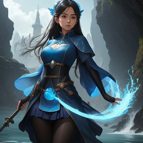 Water Superhero Outfit, Water Mage Character Design, Fantasy Mage Outfit, Water Mage, Water Bender Outfit, Water Witch Character Design, Mage Outfit Female, Water Mage Fantasy Art, Aquatic Fantasy Clothing