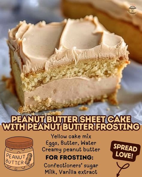 Peanut Butter Sheet Cake, Creamy Frosting, Easy Family Recipes, Peanut Butter Cake, Peanut Butter Frosting, Poke Cakes, Butter Frosting, Easy Peanut Butter, Bundt Cakes Recipes