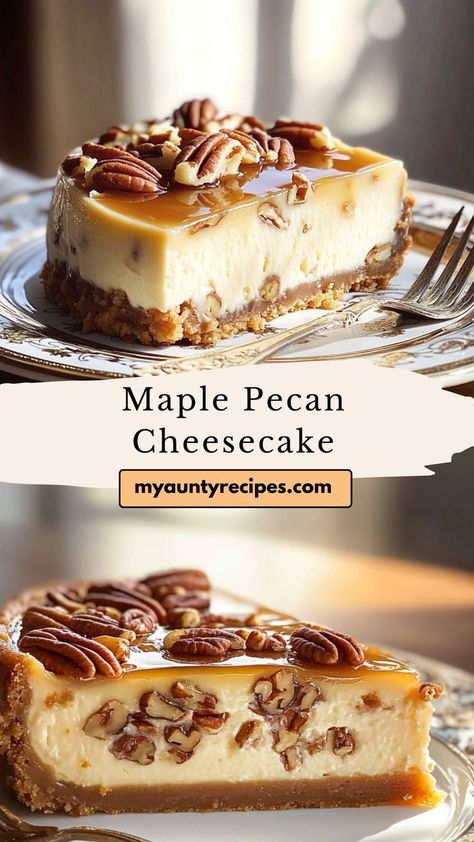 Delight in the warmth of fall recipes with Maple Pecan Cheesecake. Featuring a smooth maple-flavored filling and a crunchy pecan topping, this dessert brings comforting autumn vibes to your table. A crowd-pleaser for Thanksgiving or chilly evenings. Maple Pecan Cheesecake Recipe, Maple Bacon Dessert Recipes, Recipes With Pecans, Autumn Cheesecake, Bacon Dessert Recipes, Pecan Cheesecake Recipes, Caramelized Pecans, Pecan Pie Cheesecake Recipe, Bacon Desserts