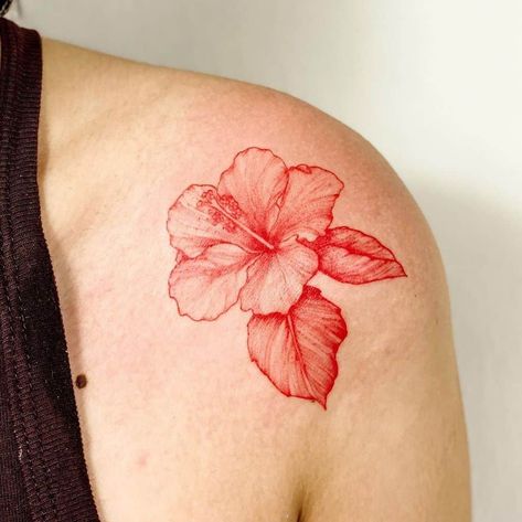 Red Ink Dragon Tattoo, Ink Dragon Tattoo, Women's Back Tattoos, Red Ink Tattoo Ideas, Ink Tattoo Ideas, Ink Dragon, Red Flower Tattoos, Hibiscus Flower Tattoos, Red Ink Tattoo