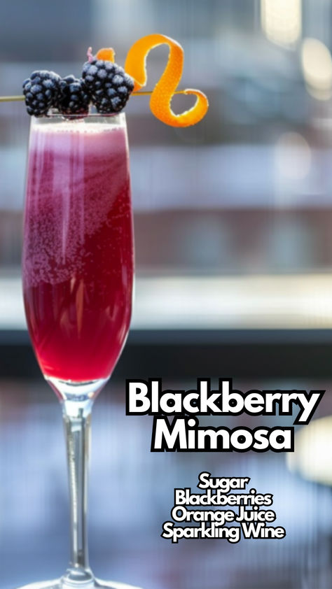 Blackberry Mimosa Blackberry Mimosa, Witch Brunch, Black Mimosa, Blackberry Cocktails, Drink Essentials, Blackberry Puree, Mimosa Cocktail Recipes, Blackberry Cocktail, Orange Juice Cocktails