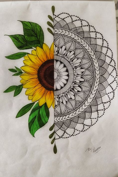 Mandala With Sunflower, Mandala Art Sunflower, Nature Mandala Drawing, Sunflower Mandala Drawing, Sunflower Wrist Tattoo, Mandala Sunflower, Drawing Mandala, Nature Mandala, Sunflower Mandala