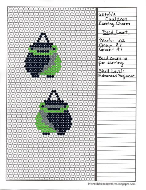 Witch's Cauldron Halloween Seed Bead Earring brick stitch bead pattern.  Free brick stitch bead patterns at brickstitchbeadpatterns.blogspot.com Seed Beading Patterns, Halloween Seed Bead Patterns, Beaded Patterns Free, Free Seed Bead Patterns, Brick Stitch Beading Patterns Free, Free Brick Stitch Earring Patterns, Free Miyuki Bead Patterns, Bead Patterns Free, Seed Bead Earrings Patterns Free