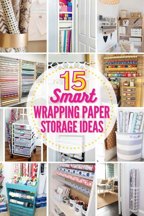 15 BEST WRAPPING PAPER STORAGE IDEAS! Love gift giving but can't stand the gift wrap clutter? Here are 15 AWESOME wrapping paper storage solutions and organizing ideas that will help! #wrappingpaperstorageideas #giftwrapstorage #storagesolutions #storageideas #organizing Diy Wrapping Station, Wrapping Paper Storage Ideas, Diy Wrapping Paper Storage, Wrapping Paper Station, Paper Storage Ideas, Tissue Paper Storage, Wrapping Paper Holder, Gift Bag Organization, Gift Bag Storage