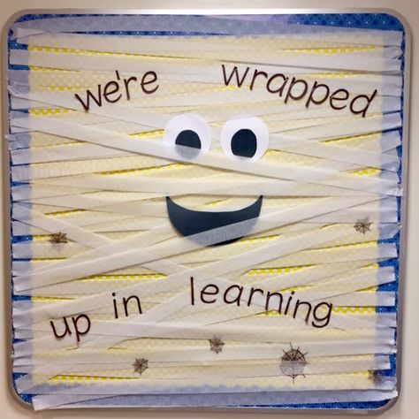 "Mummy" bulletin board for October. I used 2 rolls of white streamers for the mummy wrap.   #October #Halloween #Mummy #BulletinBoard #RA #Learning #School #College #Fun #Craft Mummy Bulletin Board, October Bulletin Boards, Halloween Classroom Door, Door Bulletin Boards, Halloween Classroom Decorations, Elementary Bulletin Boards, Mummy Wrap, Cute Bulletin Boards, Halloween Bulletin Boards