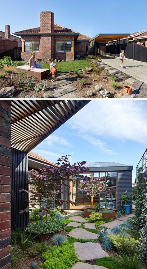 The original 1960s brick house has a new carport and a pathway that connects to a new addition. #Landscaping #Garden 1960s Brick House, Australian Garden Design, Plants Care, 1960s Home, Australian Native Garden, Landscaping Software, Australian Garden, Landscaping Garden, Native Garden