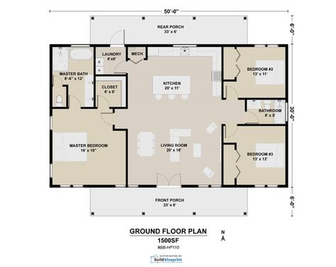 Oak Springs House Plans Open Plan Design Modern Farmhouse 3 Bed/2 Bath 1500 Square Feet Drawings Blueprints - Etsy Ranch Style Farmhouse, Barndominium Homes, 30x50 House Plans, Plumbing Plan, Ranch Farmhouse, Bedroom Entrance, Plans Architecture, Custom Home Plans, Barndominium Floor Plans