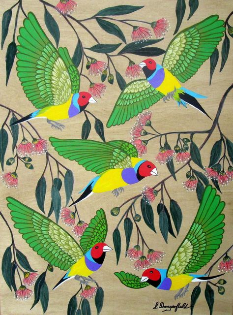 Australian Bird Painting, Gouldian Finch, Colourful Paintings, Gum Leaves, Clay Bird, Arte Folk, Australian Flowers, Diy Birds, Madhubani Painting