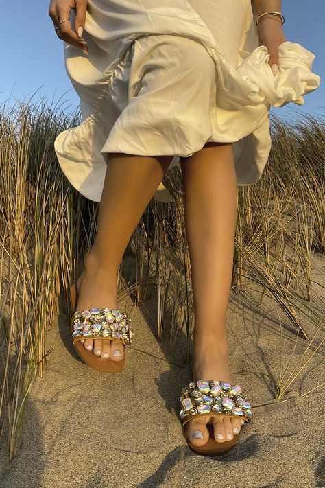 Luxury Embellished Beach Sandals, Pearl Embellished Sandals For Beach In Spring, Beach Embellished Leather Sandals, Spring Beach Beaded Sandals, Beaded Flat-heel Sandals For The Beach, Embellished Sandals, Palm Beach Sandals, Beach Sandals, Sneakers Boots