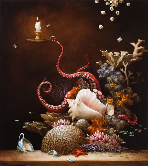 Optimist's Reef Kevin Sloan Fish Dessert, Kevin Sloan, Superflat, Octopus Art, Dessert Buffet, Pop Surrealism, Night Art, Surreal Art, Marine Life