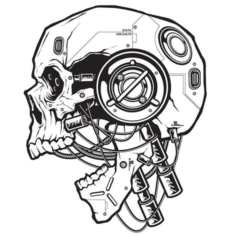 Robot Skull Drawing, Cyberpunk Skull Tattoo, Biomechanical Drawing, Cyberpunk Flower, Servo Skull, Cyberpunk Skull, Cyberpunk Drawing, Cool Skull Drawings, Electronic Tattoo