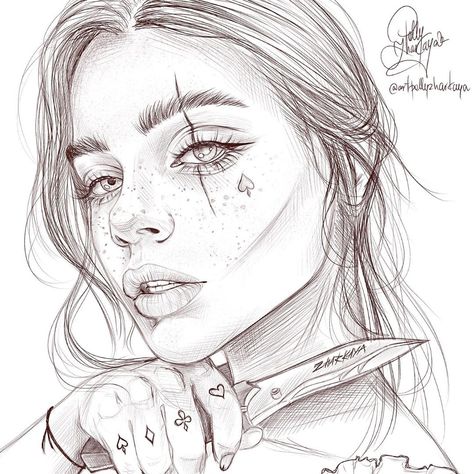 • • Knife 🔪🖤 I love her @kochurss ____ Paint in progra Woman With Knife Art, Knife In Hand Draw, Girl With A Knife Drawing, Women Drawing Sketches, Sketchbook Ideas Cover, Female Artwork Illustrations, Drawing Knife, Sketchy Art, Badass Drawings