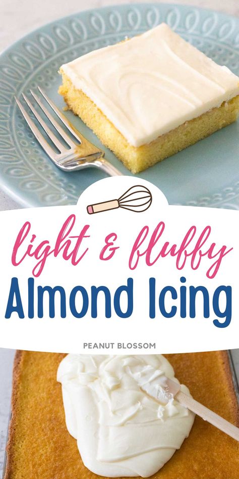 This easy almond icing takes just 5 minutes to make and is thick enough to spread onto a prepared sheet cake, bundt cake, or cupcakes. Parsley And Icing, Almond Cake Frosting Recipe, Almond Flavored Icing, Almond Glaze Icing, Almond Cream Cheese Frosting, Almond Frosting For Cupcakes, Almond Frosting For Cake, Almond Cake Frosting, Pound Cake Icing Recipe