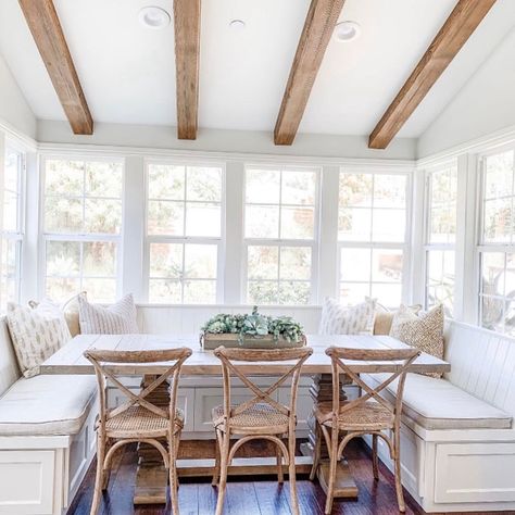 Coastal Farmhouse Breakfast Nook, Eat In Kitchen Window Seat, Square Table Breakfast Nook, Kitchen Bench Seating Under Window Breakfast Nooks, Kitchen Table With Built In Wall Bench, Breakfast Nook Built In, Vintage Breakfast Nook, Farmhouse Breakfast Nook, Farmhouse Breakfast