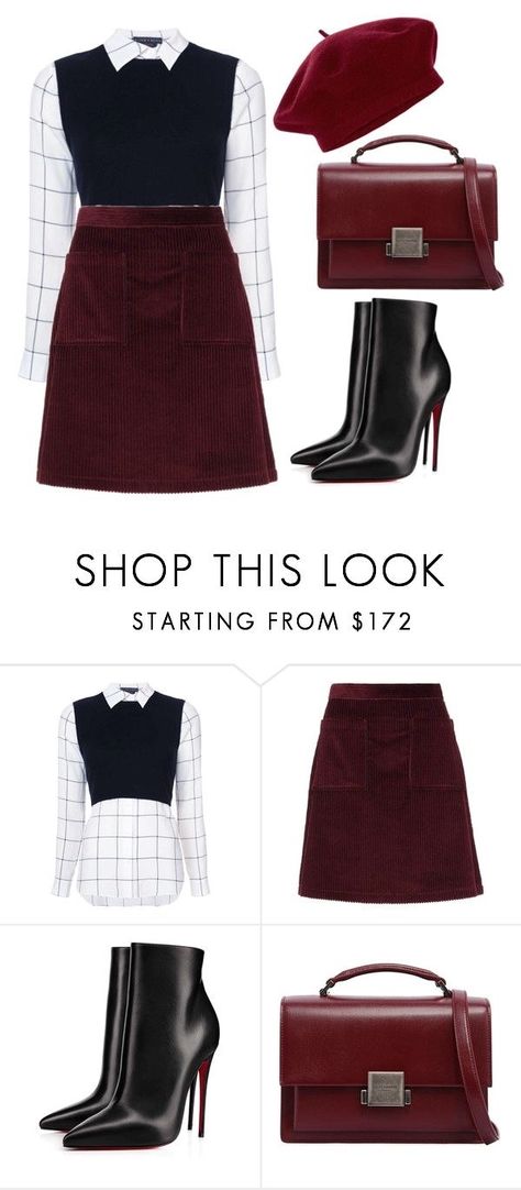 Red Velvet mini skirt and Christian Louboutin booties, checkered white long sleeve top and black vest with oxblood red bag and deep red beret Red Long Sweater, Stile Blair Waldorf, Trendy Skirts, Velvet Skirt, Blair Waldorf, Mode Inspo, Polyvore Outfits, Looks Vintage, Outfits Casuales