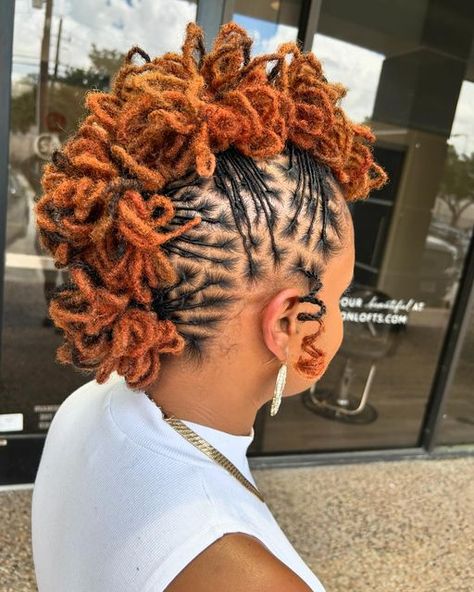 Loc Styles Two Buns, Dread Mohawk Women, Mohawk Loc Styles Black Women, Loc Crown Style, Two Strand Loc Styles For Women, Formal Locs Hairstyles, Locs Updo Hairstyles For Women, Birthday Loc Styles, Elegant Loc Styles