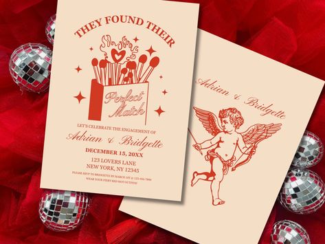 Perfect Match Engagement Party Invitation Template Match Made in Heaven Engagement Party Invite Retro Cupid Wedding Quirky Wedding Invite - Etsy Engagement Party Invitations Unique, Retro Wedding Invitations Vintage, Engagement Party Invite Ideas, Valentine’s Day Engagement Party, Perfect Match Art, Retro Engagement Party, Engagement Party Ideas Themes, Elope Announcement, Cupid Party