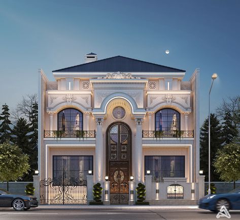 Classic Exterior design on Behance Classic Villa Exterior, Classic Exterior Design, Classical Villa, Villa Exterior Design, Narrow House Designs, Vray Render, Classic Villa, Classic House Exterior, Classic House Design