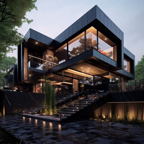 Black Luxury House, Futuristic House, Detail Arsitektur, Black Houses, Dark Modern, Futuristic Home, Modern House Facades, Architect Design House, التصميم الخارجي للمنزل