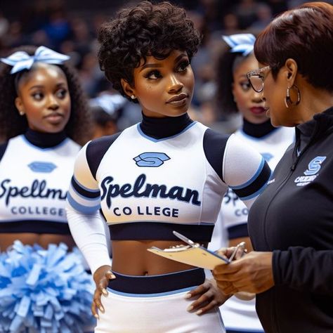 AI PROMPT SHARING | Used Bing for this image | Facebook Hbcu Aesthetic, College Hbcu, Womans Hair, Black Cheerleaders, Basketball Game Outfit, Cute Highschool Outfits, Ballet Hairstyles, Spelman College, Woman Artwork