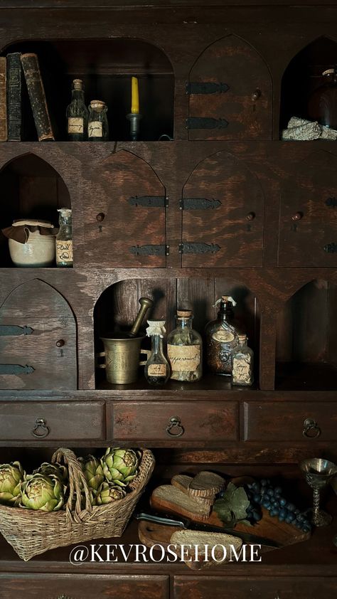 Outlander Interiors, Witches Kitchen Inspiration, Outlander Kitchen, Witchy Apothecary Cabinet, Witch Cabinet, Outlander Home Decor, Outlander Inspired Home Decor, Outlander Home Aesthetic, Cottagecore Apothecary