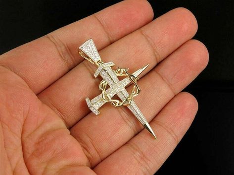 2 Ct Round Cut Simulated Diamond Men CROSS Pendant 14k Yellow Gold Finish Charm Nail, Nail Cross, Diamond Fashion Jewelry, Crown Of Thorns, Diamond Charm, Gold Crown, Mens Pendant, Art Deco Engagement Ring, Cross Jewelry