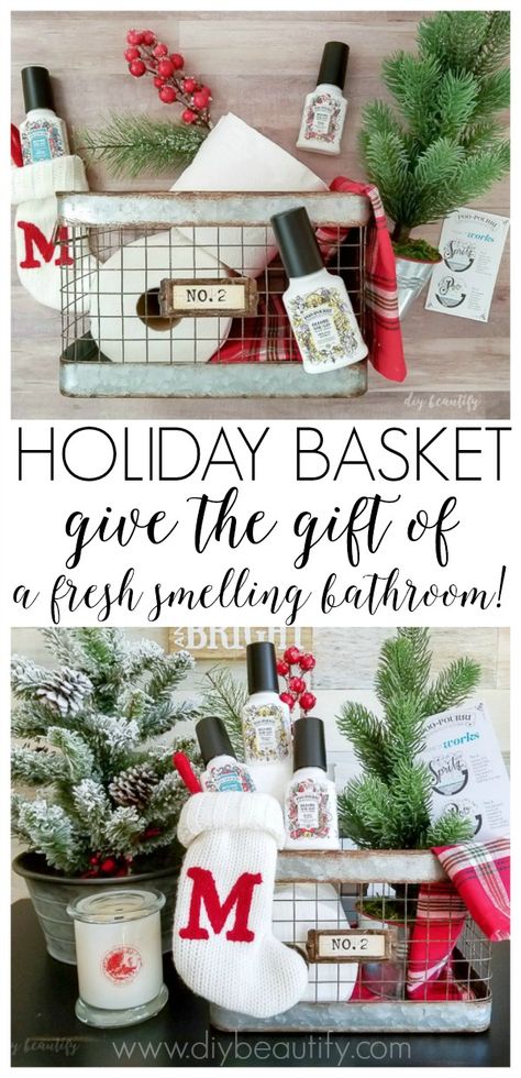 #ad #MerrySpritzmas Keep the stink out of your bathroom this holiday season with a festive guest basket filled with Poo~Pourri® products! Find out more at diybeautify! Bathroom Gift Ideas, Bathroom Gift Basket Ideas, Bathroom Gift Basket, Winter Gift Basket, Guest Basket, Diy Holiday Party, Holiday Bathroom, Holiday Baskets, Bathroom Gifts