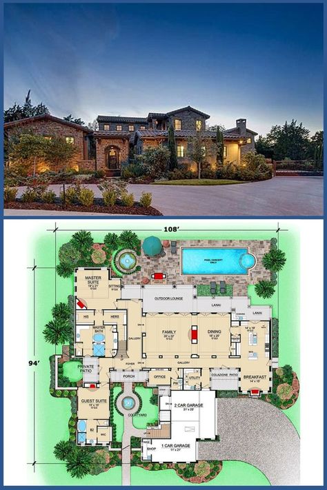 Tuscan Floor Plans, Courtyard Floor Plan, Spanish Style Homes Plans, Tuscan Home Plans, Home With Courtyard, Tuscan Style Bedrooms, Modern Tuscan Home, Tuscan Architecture, Contemporary Mansion