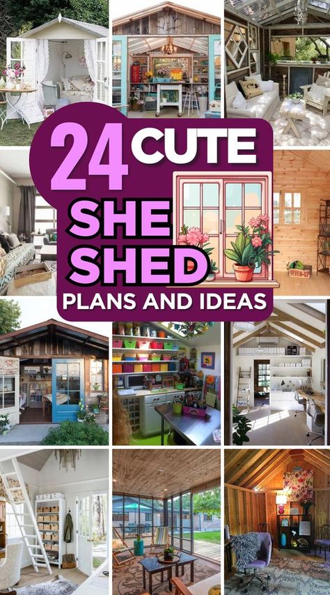 Create the ultimate personal retreat with these she shed projects. A perfect way to carve out some "me time." She Shed With Porch Decks, 10x10 She Shed Ideas Interior, French Country She Shed, She Shed With Loft Interiors, Inside She Shed Ideas Office, She Shed Studio Ideas, Bedroom Shed Ideas, 8x10 She Shed Interior, She Shed Wall Ideas