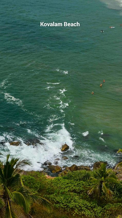 An aerial view of the sea shore touching the rock bas of watch tower.   Kovalam Beach  Watch Tower Kovalam Beach, Kerala Travel, Beach Watch, Kovalam, Instagram Graphic, Sea Shore, Watch Tower, Book Art Diy, South India