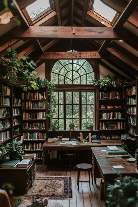 Cozy library with wooden beams and lush greenery. Get ready for a whimsical journey through dark cottagecore interiors where quaint charm meets mysterious, cozy nooks that might just inspire your next favorite hideaway. Cottage Core Book Nook, Vintage Library Aesthetic Room, Witch Library Aesthetic, Vintage Library Decor Ideas, Dark Academia Book Nook, Cozy Cottage Library, Eclectic Dark Academia, Library House Aesthetic, Cozy Office Library