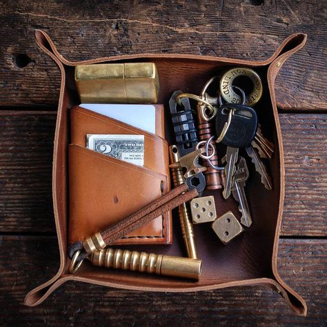 Every Day Carry, Leather Tray, Valet Tray, Tan Boots, Hammered Brass, Edc Gear, Survival Gear, Everyday Carry, Mountain Backpack