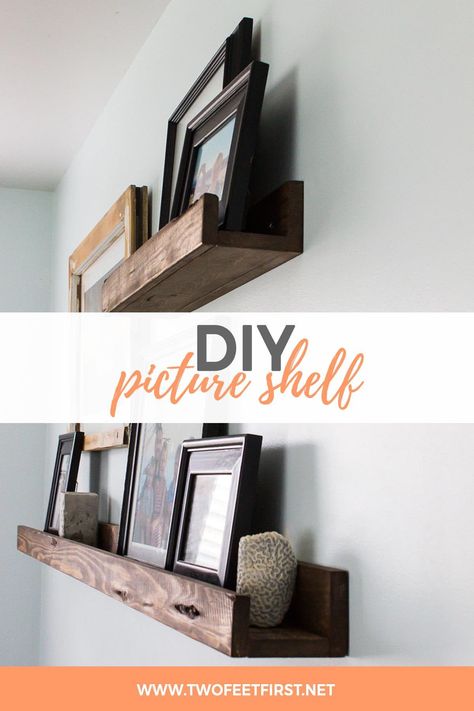 Do you want a simple way to display your wall artwork or pictures? Here is the perfect idea, a ledge that will hold your frames. Come see how to DIY a picture shelf for your living room or any room in your house. #twofeetfirst #decoratingideas #homedecor #DIY Ikea 2015, Gallery Shelves, Picture Shelf, Shelf Decor Living Room, Kura Bed, Picture Shelves, Picture Ledge, Wall Shelf Decor, Ikea Hackers