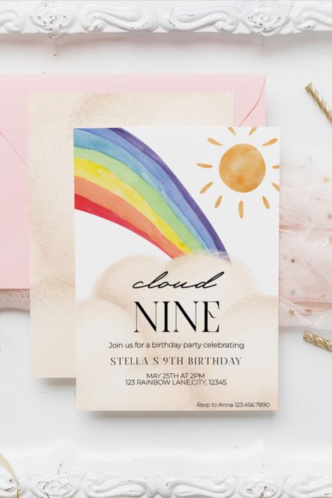 Pastel Rainbow,Birthday Sky,9th Birthday Invite,9th Birthday Party,Rainbow Clouds,Rainbow Sky,Girl Birthday,Girl Invitation,Birthday Invite Girl,Editable Birthday,Girl Party Template,Birthday Clouds,Party Invite Girl Cloud 9 Birthday Invitation, Clouds Invitation, Cloud 9 Birthday, Ninth Birthday, Rainbow Clouds, Rainbow Cloud, Cloud Nine, 9th Birthday, Cloud 9