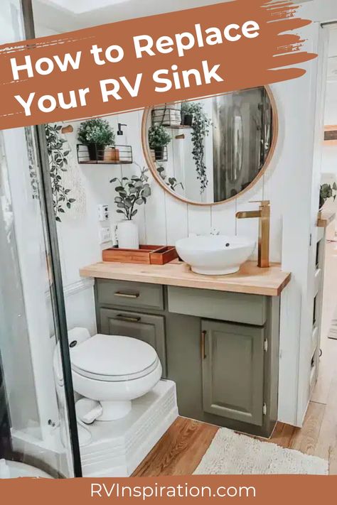 Let’s explore two ways to upgrade your RV bathroom that don’t involve messy painting and are easy for any DIYer to learn: Updating your RV sink and faucet. Many RVs, particularly older models, have plastic sinks and faucets in the bathrooms. Fortunately, replacing the RV sink itself isn’t too difficult or costly. In this article, we’ll first share how to remove and replace your RV sink before showing off some gorgeous bathroom remodels. #rvbathroom #rvrenovation #rvinspiration Camper Bathroom Sink Remodel, Rv Bathroom Remodel, How To Fix A Leaking Bathroom Sink, Rv Faucet Upgrade, Messy Painting, How To Replace Rv Bathroom Sink, Rv Sink, Sink Dimension, Bathroom Vanity Faucets