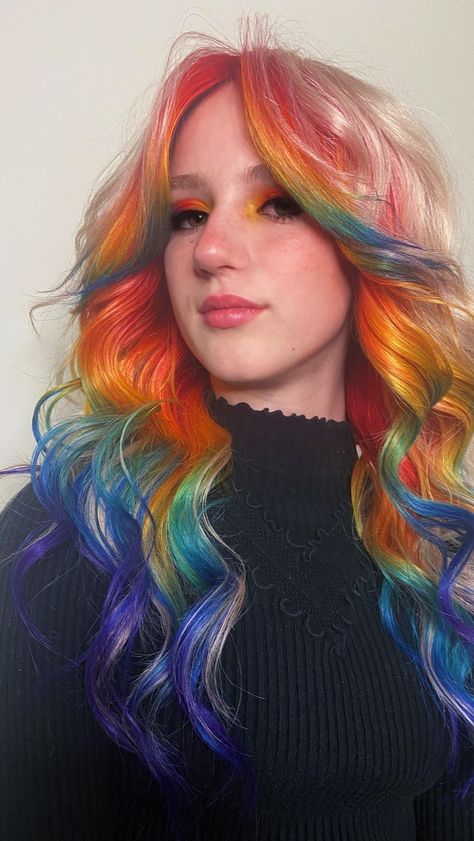 Dark Colorful Hair Ideas, White Hair With Rainbow Highlights, Rainbow Peek A Boo Hair, Rainbow Hair Peekaboo, Rainbow Hair Styles, Rainbow Hair Dye Ideas, Rainbow Peak A Boo Highlights, Rainbow Peekaboo Hair Dark Brown, Rainbow Ghost Roots