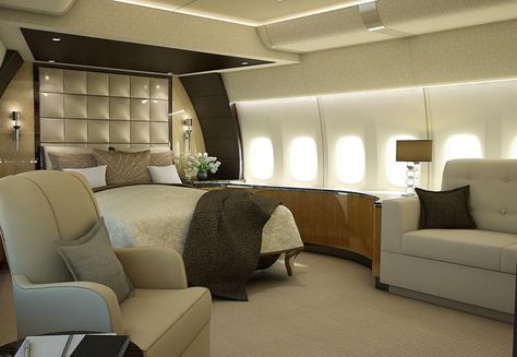 The spectacular jet appears equipped with a number of staterooms, one such pictured here. Yoongi Imagine, Airplane Bedroom, Boeing Business Jet, Boeing 747 8, Mansion Rooms, Private Jet Interior, Jet Privé, Luxury Jets, Luxury Private Jets