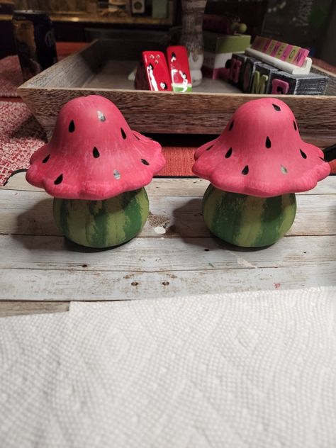 Dollar Tree Ceramic Mushroom Gnomes, Dollar Tree Mushrooms, Dollar Tree Mushroom Crafts, Watermelon Decorations, Ceramic Mushrooms, Three Tier Tray, Gnome Crafts, Tree Mushrooms, Watermelon Decor