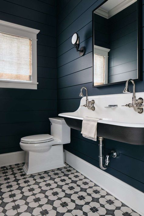 33 Neutral Bathroom Paint Colors to Create a Stylish and Soothing Atmosphere Blue Slat Wall, Slat Wall Bathroom, Neutral Bathroom Paint, Neutral Bathroom Paint Colors, Black And White Floor Tile, Palm Springs Bathroom, Bathroom Shelf Ideas, Double Farmhouse Sink, Navy Blue Bathroom